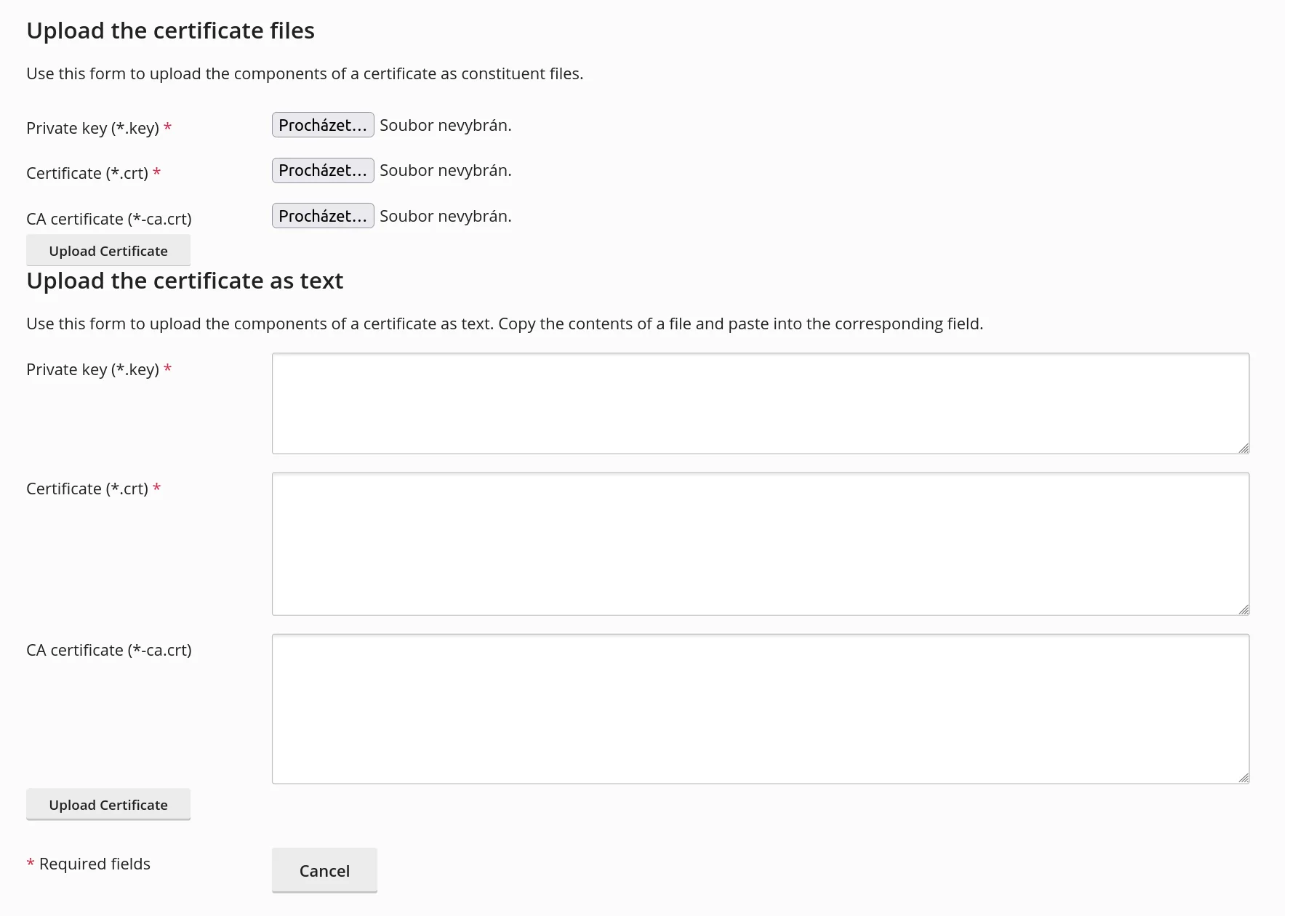 Upload des Zertifikats und privaten Schlüssels auf den Server
