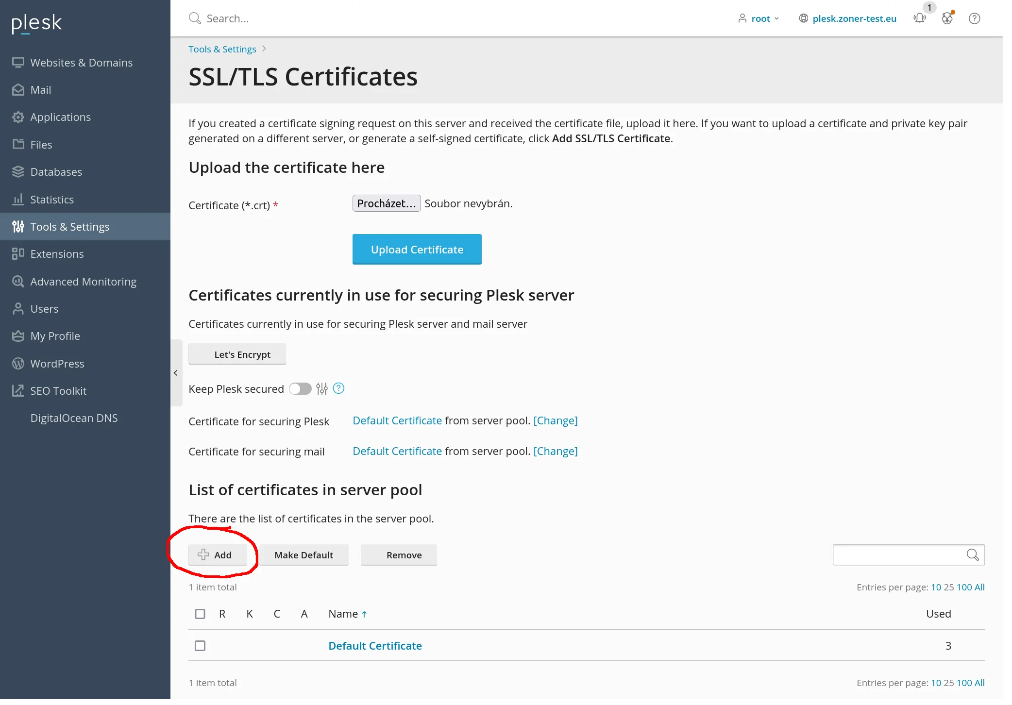 Verwaltung der TLS-Zertifikate in Plesk