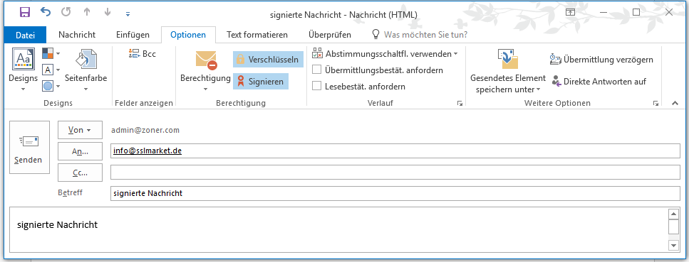 Absendung der signierten und verschlüsselten Nachricht in Outlook