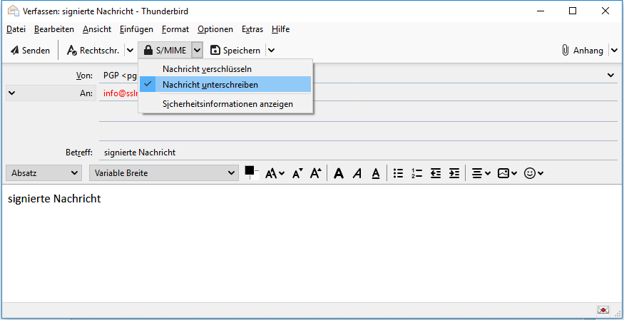 Signierung der Nachricht in Thunderbird