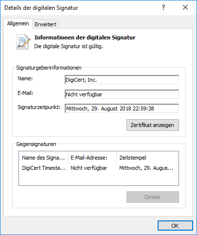Detail des Zertifikats DigiCert Code Signing EV