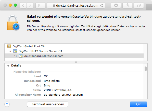 Darstellung des Zertifikats QuoVadis QWAC in der Adressleiste des Browsers Darstellung des Zertifikats QuoVadis QWAC in der Adressleiste des Browsers
