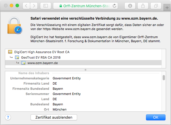 Detail des SSL-Zertifikats True BusinessID EV in der Adressleiste des Browsers