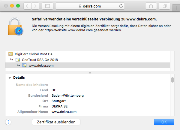 Darstellung des Zertifikats GeoTrust True BusinessID im Browser Darstellung des Zertifikats GeoTrust True BusinessID im Browser