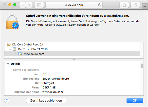 Detail des SSL-Zertifikats GeoTrust True BusinessID Wildcard in der Adressleiste des Browsers