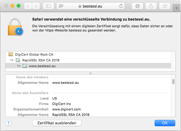 Darstellung des Zertifikats RapidSSL im Browser