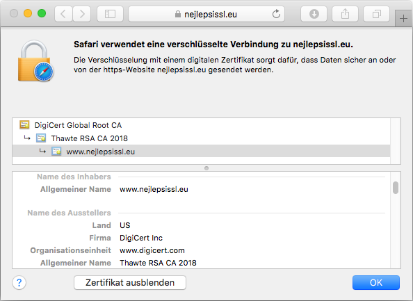 Darstellung des Zertifikats Thawte 123 Wildcard im Browser Darstellung des Zertifikats Thawte 123 Wildcard im Browser