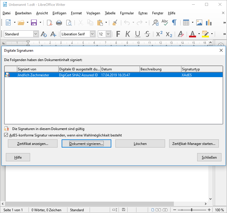 Signieren in Open/LibreOffice