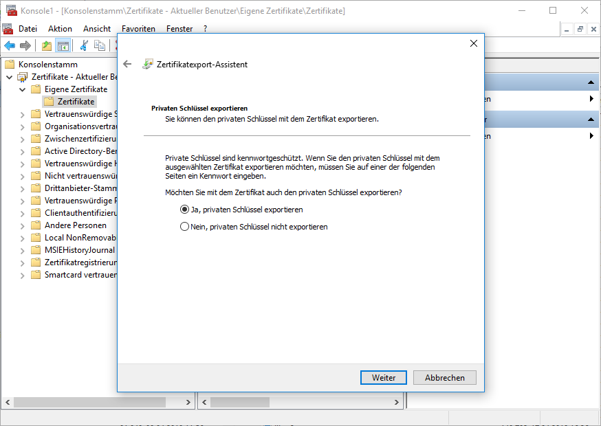Bei dem Exportieren exportieren Sie auch den privaten Schlüssel