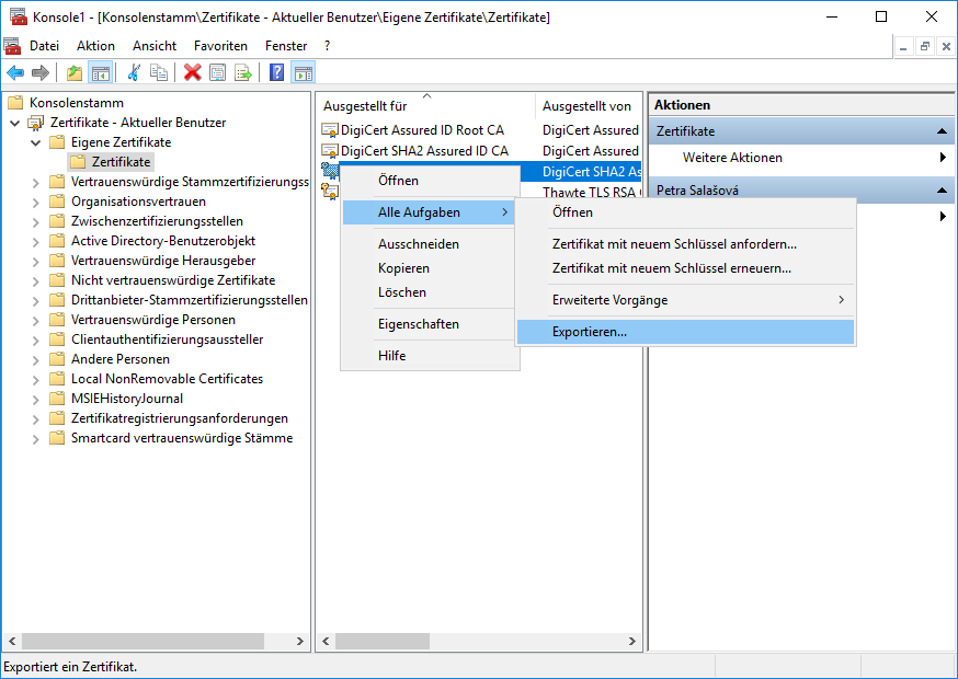 Exportieren des Zertifikats aus dem Zertifikatspeicher
