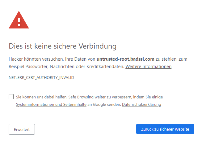 Warnung vor einem nicht vertrauenswürdigen SSL-Zertifikat im Browser