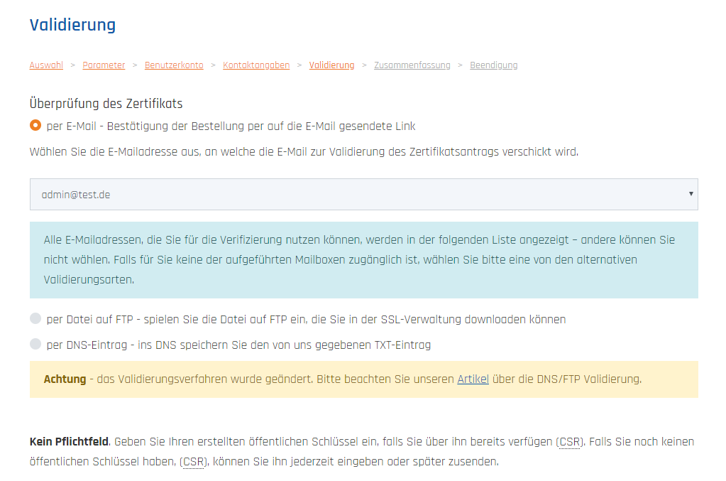 Auswahl der Verifizierung des DV-Zertifikats in der Bestellung Auswahl der Verifizierung des DV-Zertifikats in der Bestellung