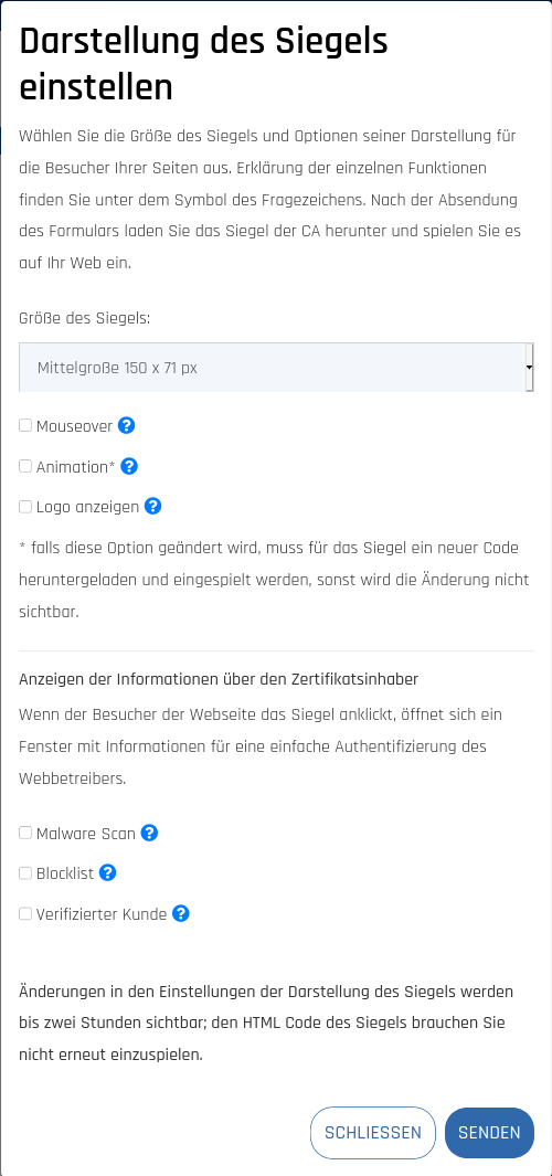 Einstellung des Siegels Smart Seal, welches Sie zu den Secure Site Zertifikaten erwerben.