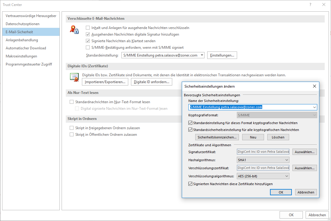 Einstellung des Zertifikats in Outlook