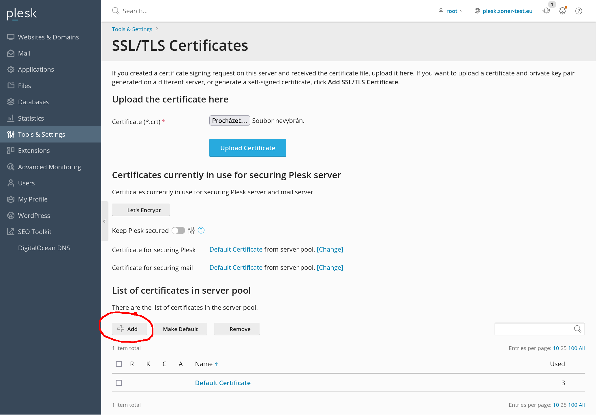 Verwaltung der TLS-Zertifikate in Plesk<