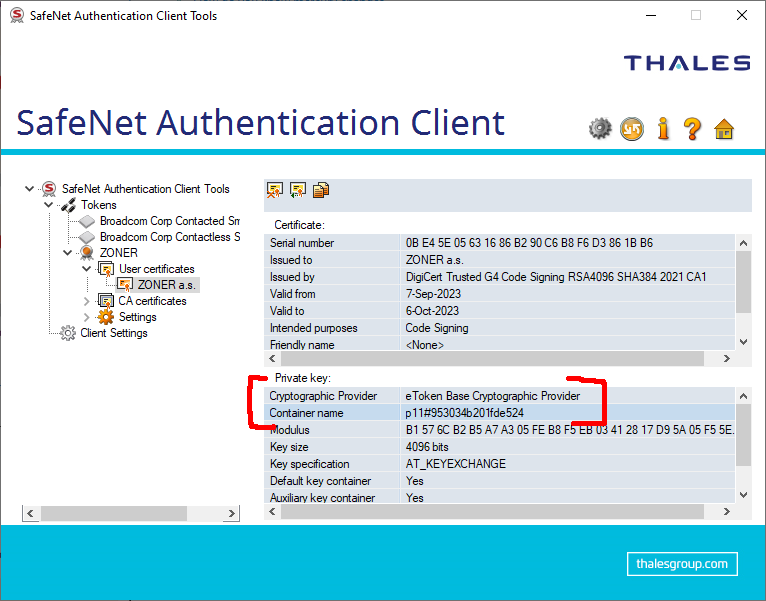 Feststellung Container name und Cryptographic provider