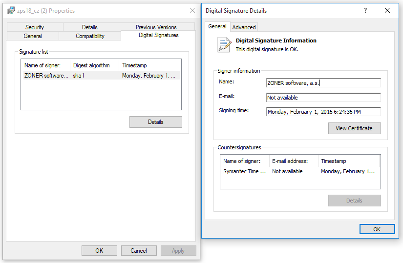 Detail der Signatur im Windows Explorer